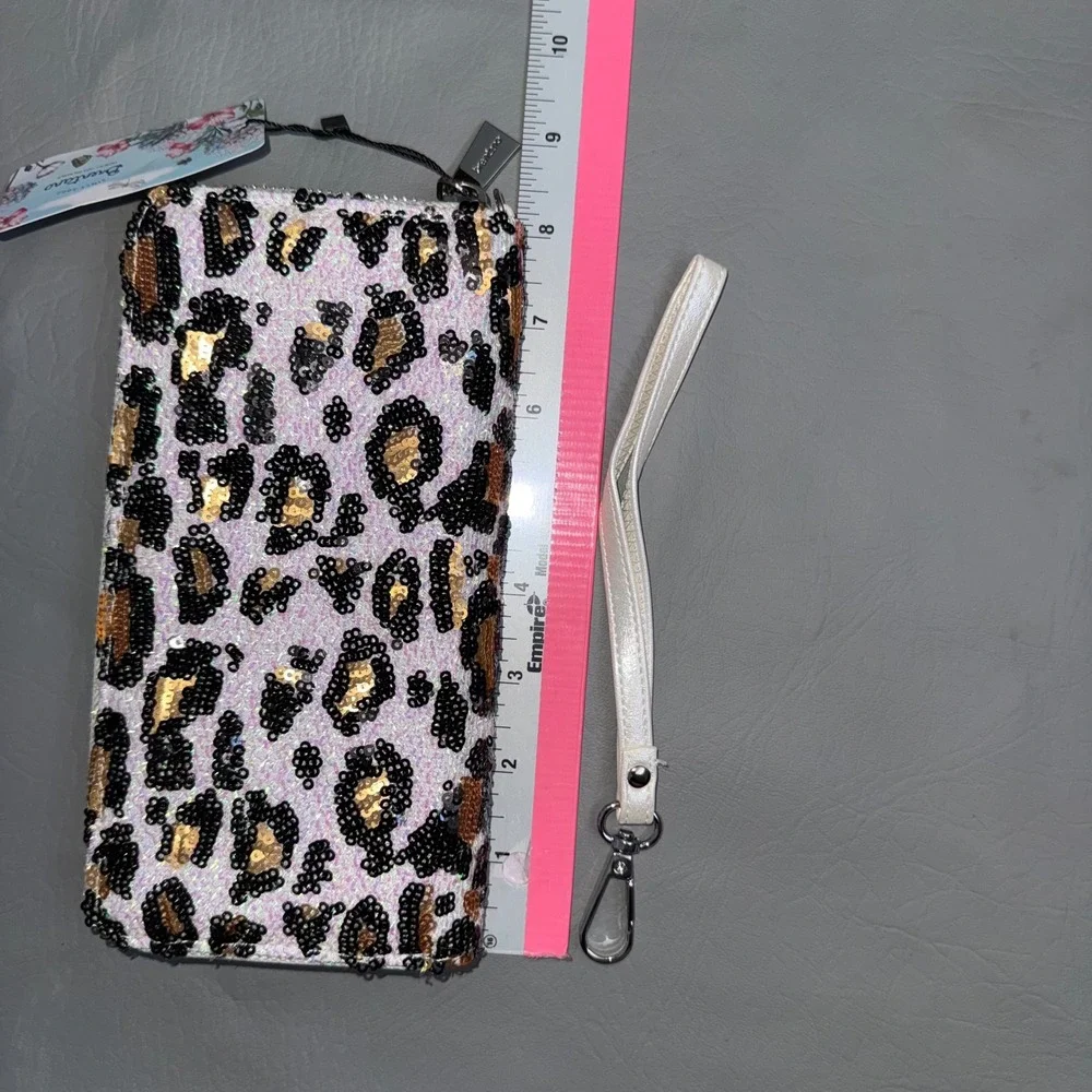 Brentano Leopard Sequin Zip Around Wristlet Wallet White Gold Black